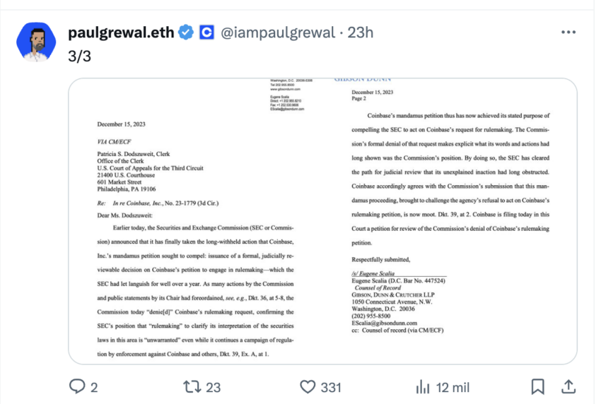 El abogado de Coinbase presentó su demanda contra la SEC. 